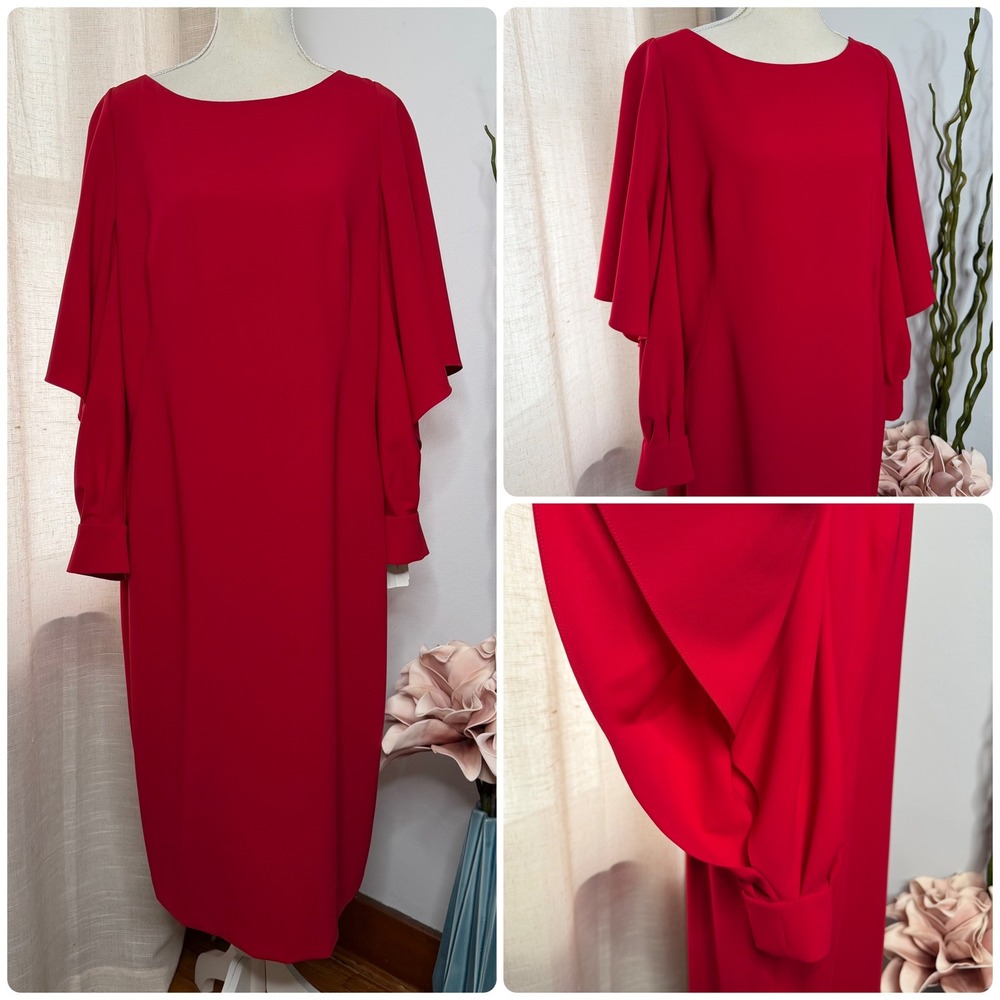 NWT Frascara Sheath Dress Flowy Draped Open Sleeves Red 4124 Women's Size‎ 14